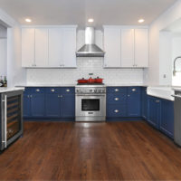 N-Hance refinished kitchen that is blue and white with dark wood floors wood refinishing franchise