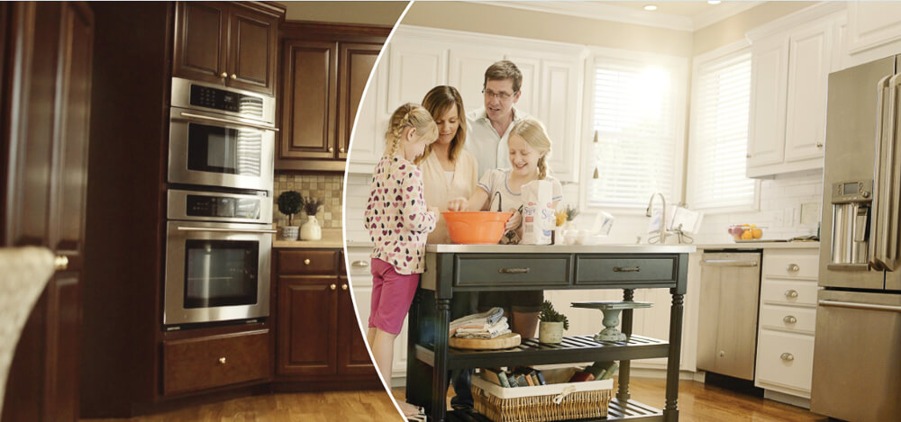 before and after picture of a kitchen that has been refinished with family