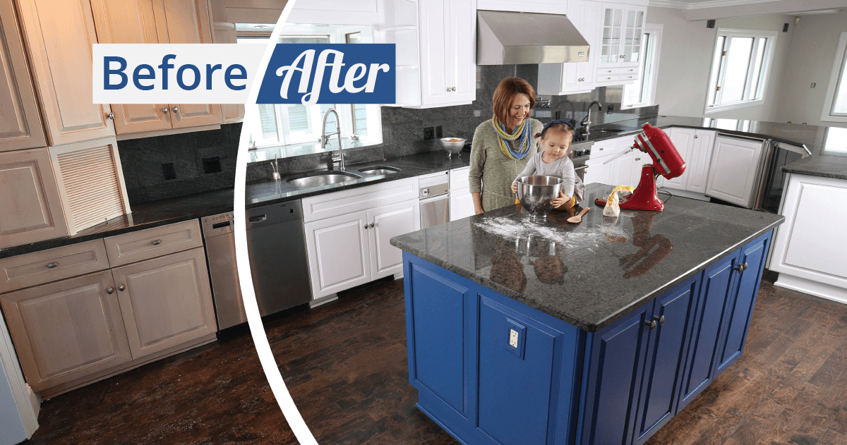 N-Hance refinished kitchen with kid making a mess while mom laughs in new kitchen